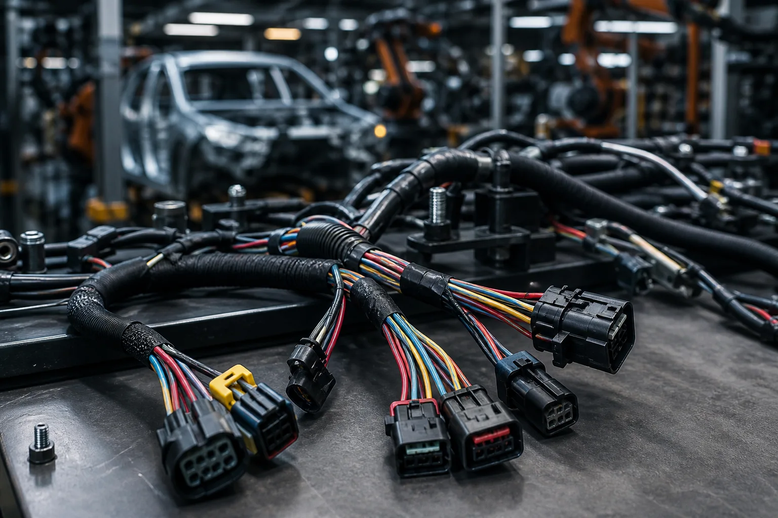 Automotive wiring harness in a modern vehicle production facility
