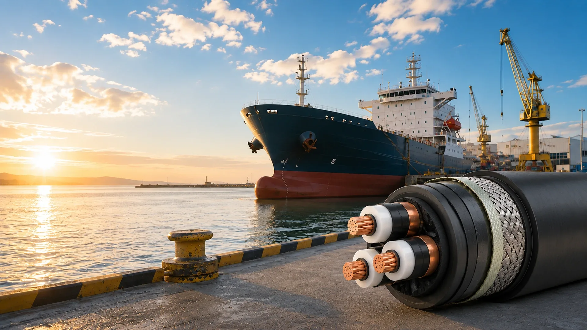 Offshore vessel and marine power cable at sunset