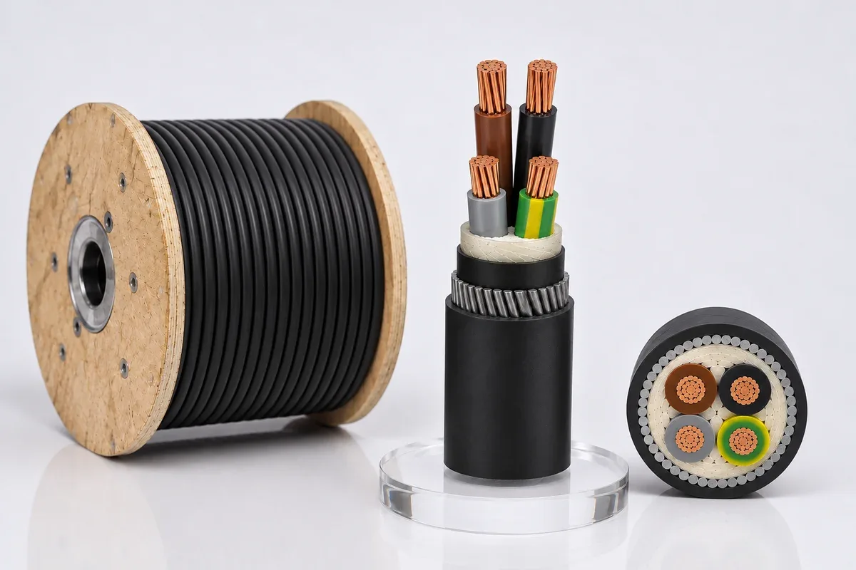 Illustrative fire-resistant and LSZH cable family with cable drum, exposed copper conductors and cross-section