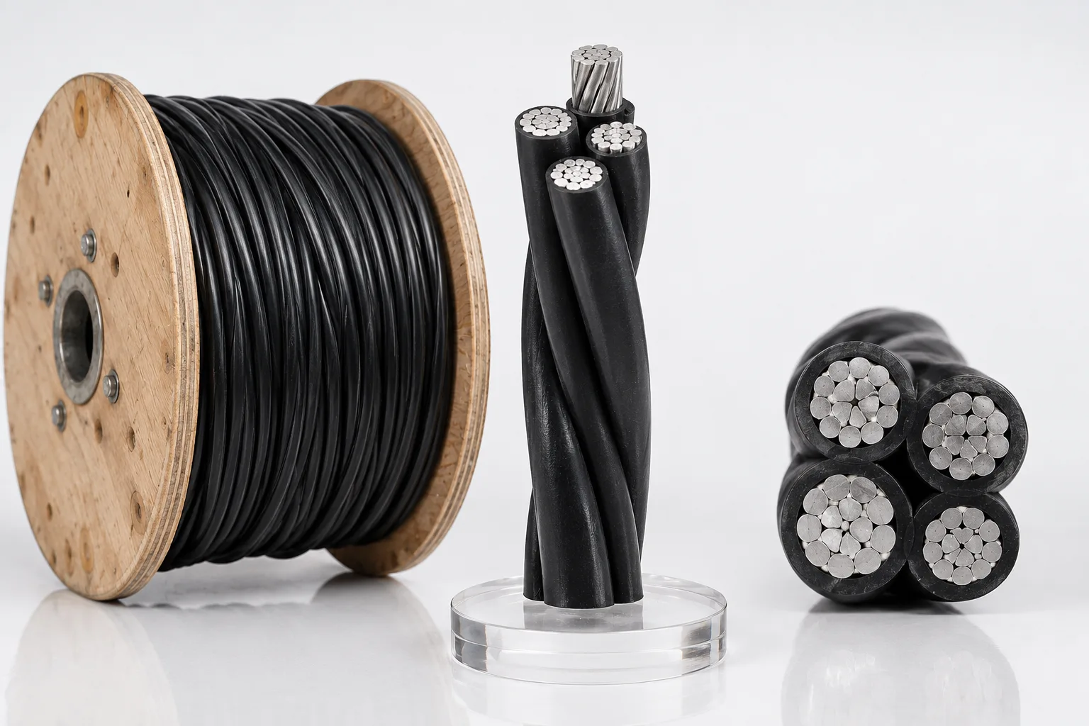 Low-voltage aerial bundled ABC cable with cable drum and conductor construction